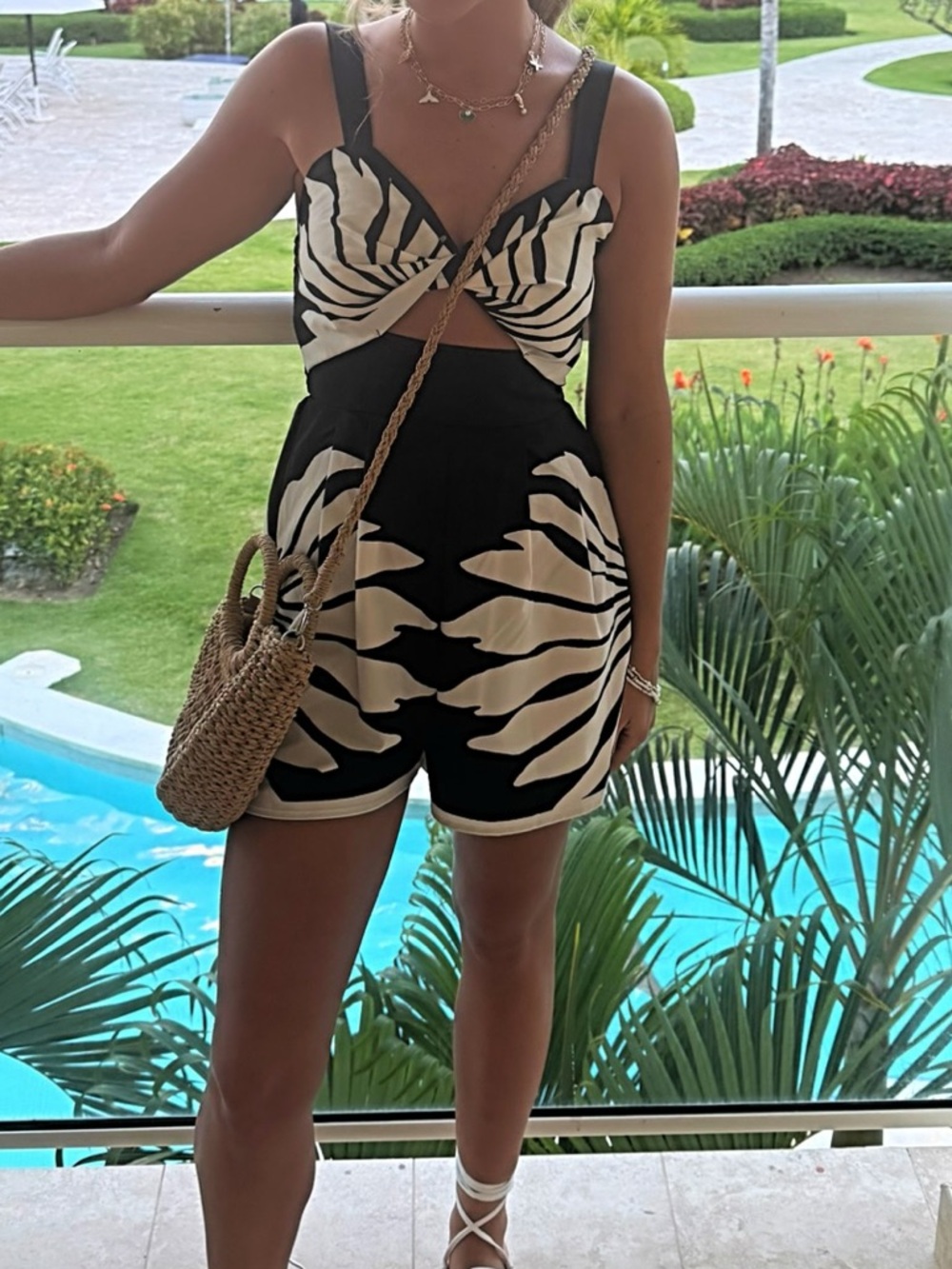 Black & Cream Tropical Print Women’s Romper